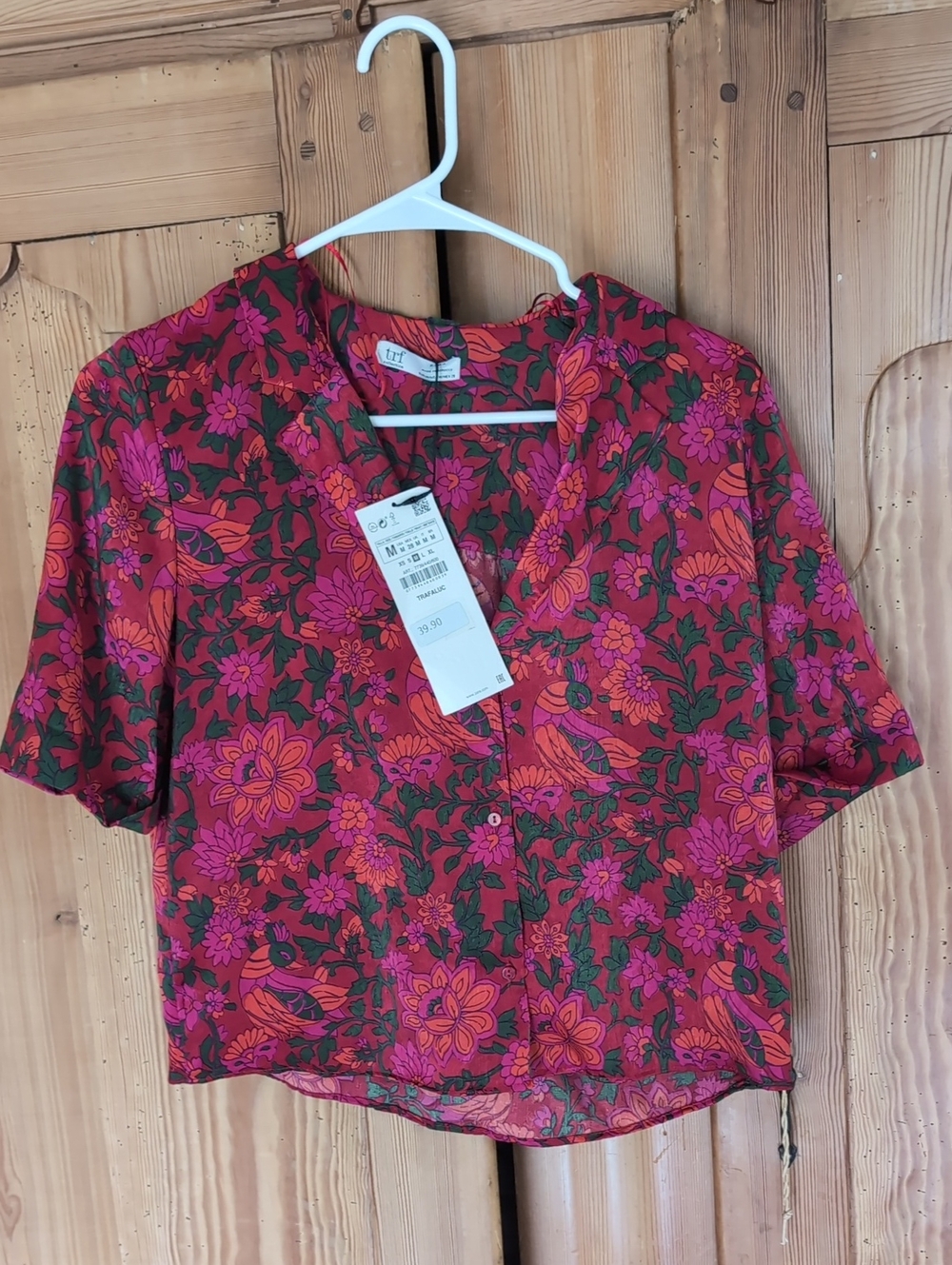 Zara Red Floral Button-Front Short-Sleeve Top